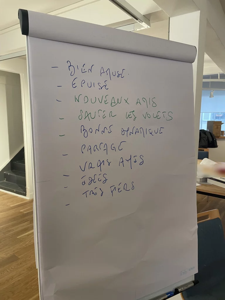 Conclure une réunion : paperboard de fin de journée avec les mots de sortie du groupe