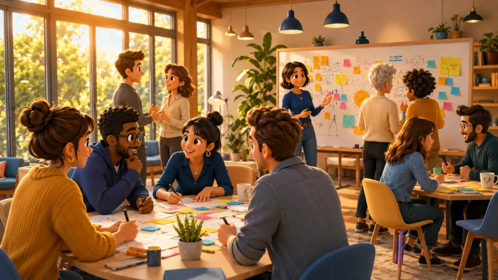 Un atelier de formation en petit groupe, ordinateurs ouverts : la formation IA générative Insuffle Académie