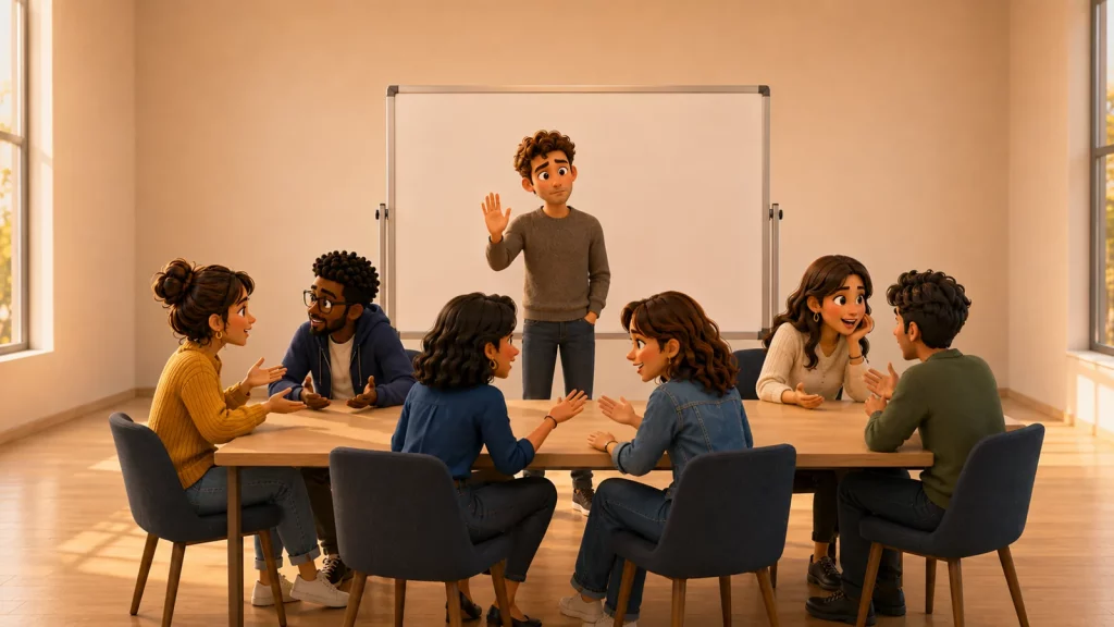 Un facilitateur debout, ignoré par la salle : la posture ne tient pas