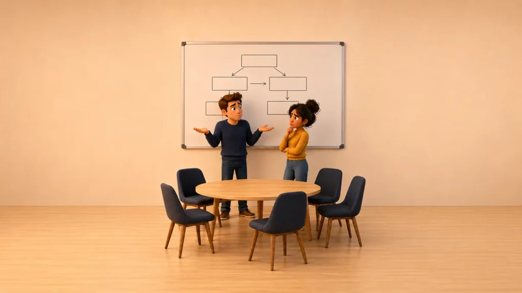 Un plan stratégique affiché au tableau devant des chaises vides : il ne descend pas