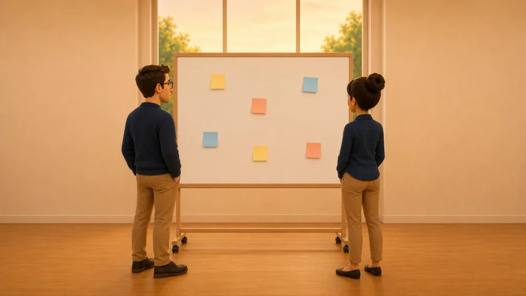 Deux dirigeants reculent devant un tableau aux cases vides : pas de vision partagée