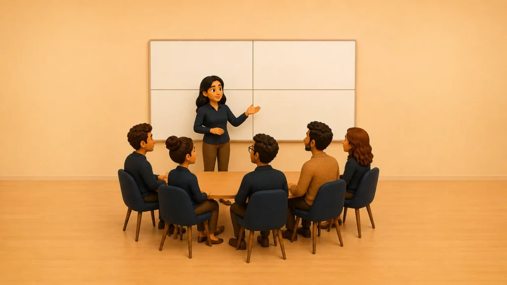 Une équipe projet devant un tableau en quatre zones : la formation IA pour chefs de projet