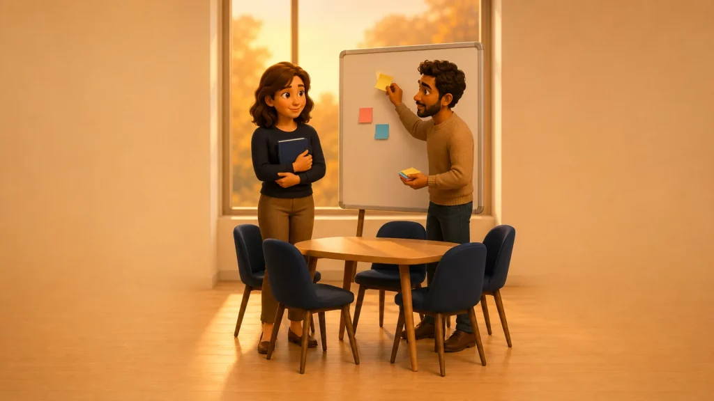 Une formatrice conclut un atelier devant son groupe : la formation IA pour consultants et formateurs