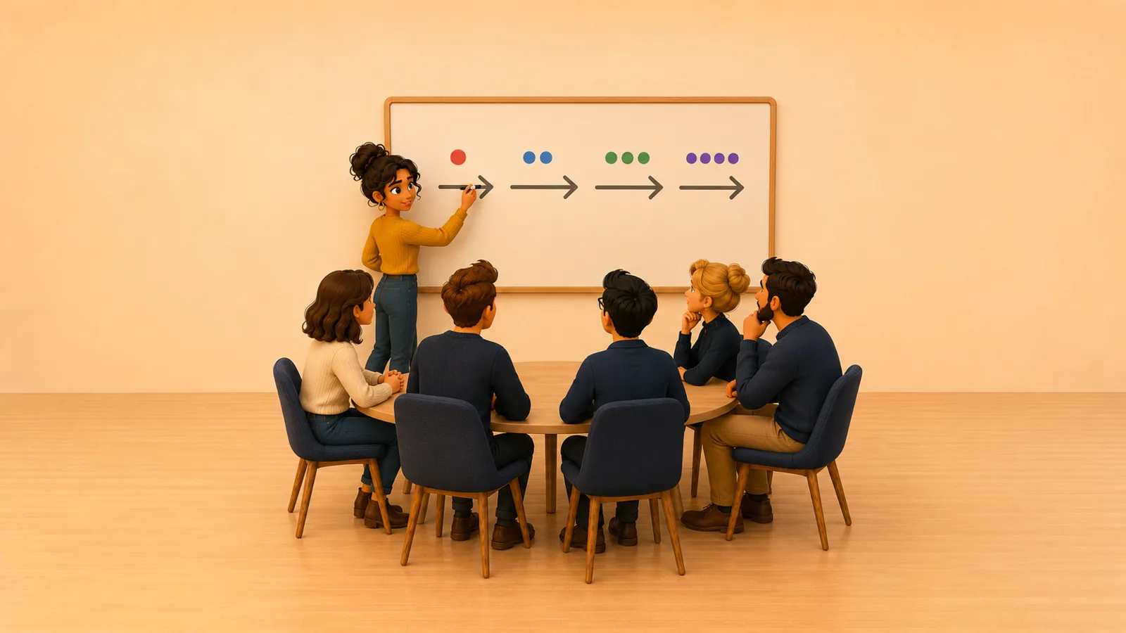 Des flèches numérotées sur un tableau devant une équipe : les étapes d'une formation IA générative en entreprise