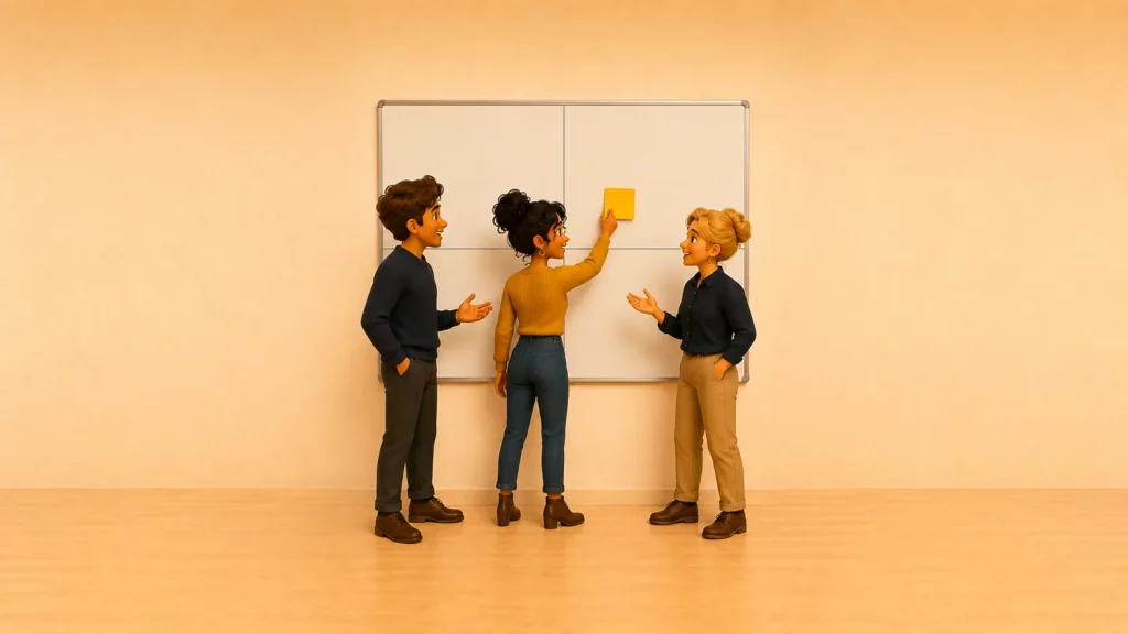 Quatre cases dessinées au tableau, des post-it classés : la règle des données pour l'IA générative