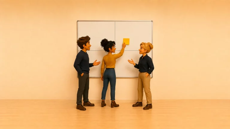 Quatre cases dessinées au tableau, des post-it classés : la règle des données pour l'IA générative